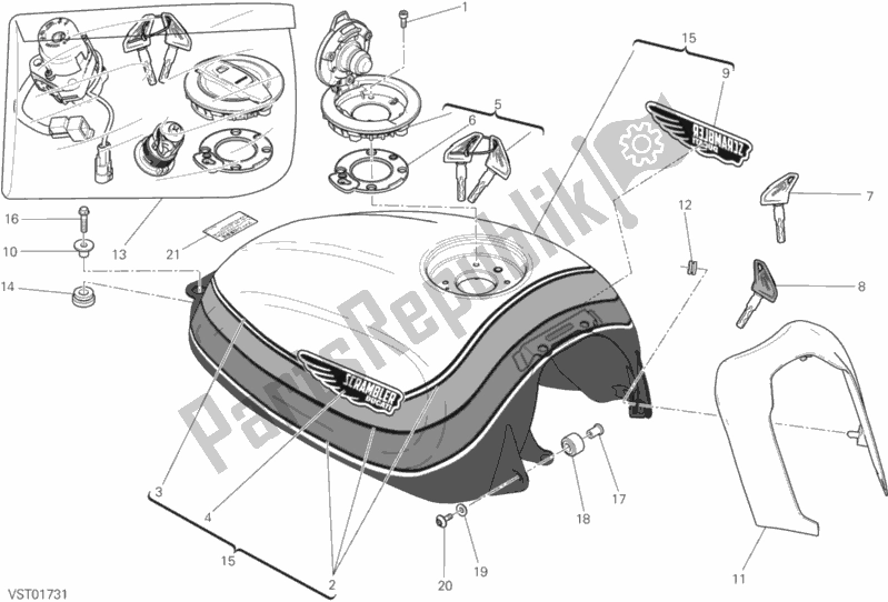 All parts for the 030 - Fuel Tank of the Ducati Scrambler Mach 2. 0 Thailand 803 2018